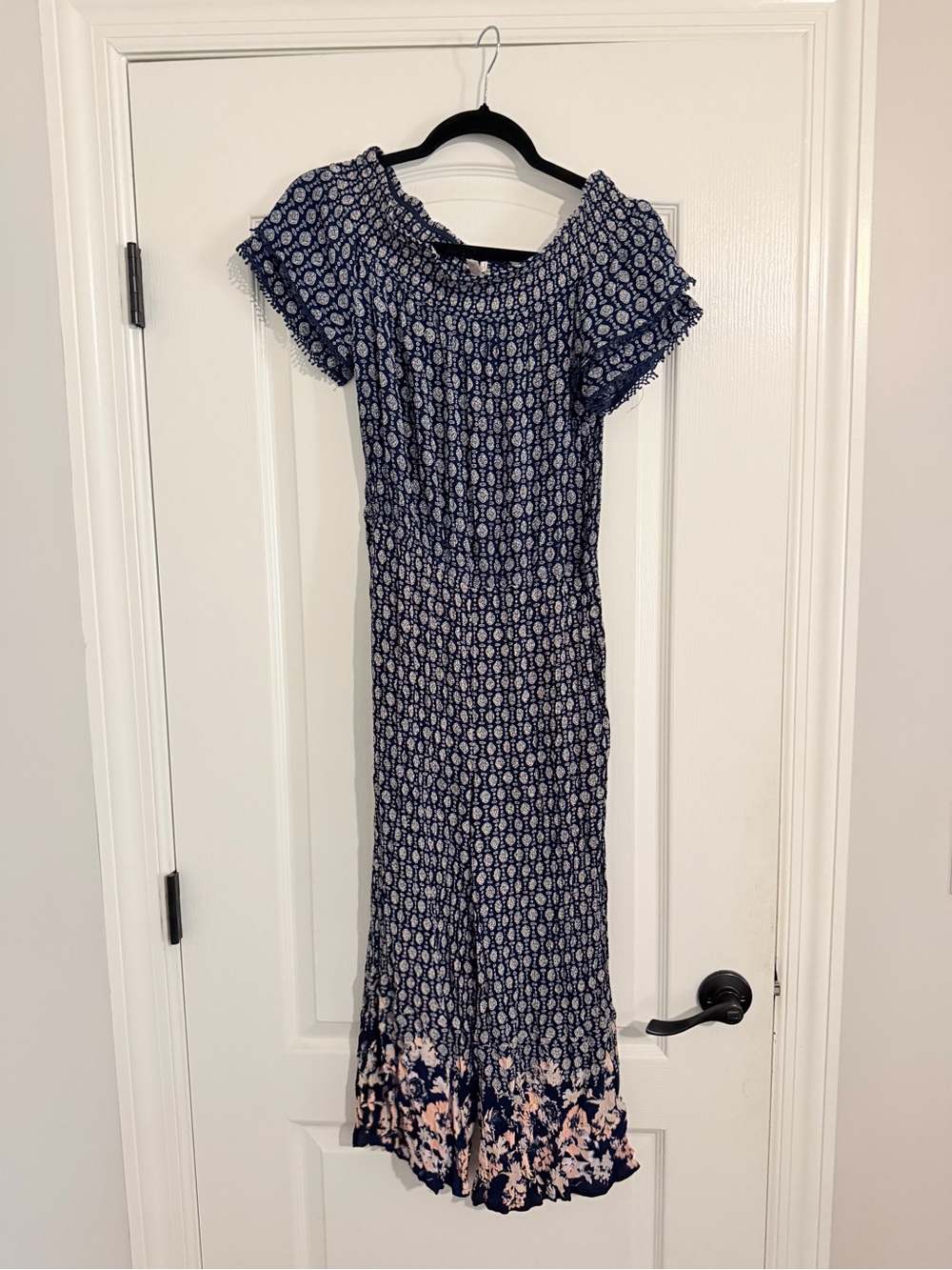 Xhilaration Navy Blue Floral Jumpsuit with Pink Border
